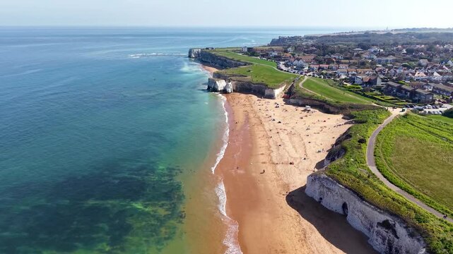 Aerial view of the east coast of England, Kent, with the beautiful beach of Botany Bay and white chalk rocks in the sea