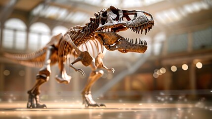 Dinosaur skeleton fossil on display in a museum