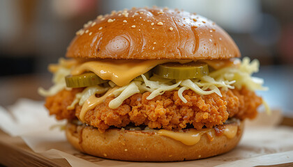 Crispy fried chicken burger with buttermilk batter, spicy mayo, pickles, and shredded lettuce on a toasted potato bun, street food style, sharp focus, 8K food photo