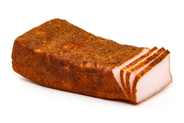 Homemade smoked pork lard with spices, isolated on white background.
