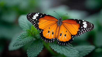 Fototapeta premium Bright Monarch Butterfly Resting on Green Mint Leaves