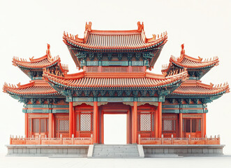 Obraz premium Traditional Asian Architecture with Ornate Pagoda Style Structure on White Background, Exquisite Details and Vibrant Colors