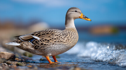 Fototapeta premium Female Mallard Duck by Shoreline in Natural Habitat