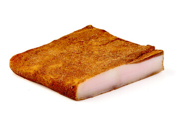 Homemade smoked pork lard with spices, isolated on white background.