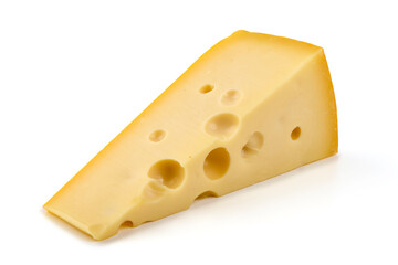 Slice of Swiss cheese with holes, isolated on white background.
