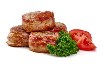 Bacon-wrapped pork medallions, isolated on white background.