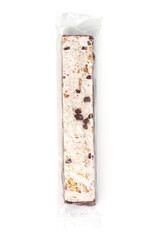 Chocolate chip nougat bar with dark chocolate coating, packaged, isolated on white background.