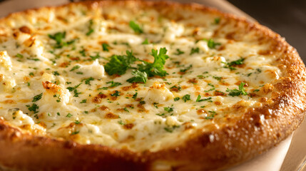 Indulgent Photorealistic Whole Quattro Pizza Topped with Melted Cheese and Fresh Herbs on Rustic Wooden Table