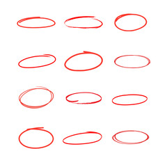 red pen drawn marks, red circle set, illustation vector.