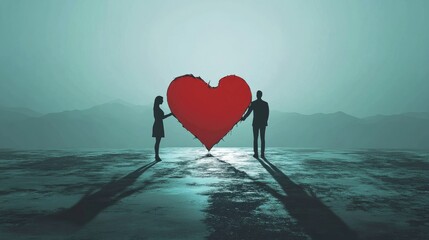 Silhouette Couple Holding a Large, Imperfect Red Heart: A Romantic, Moody Artwork