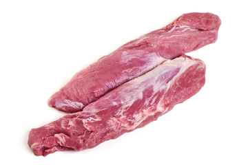 Pork fillet tenderloin, raw meat, close-up, isolated on white background.