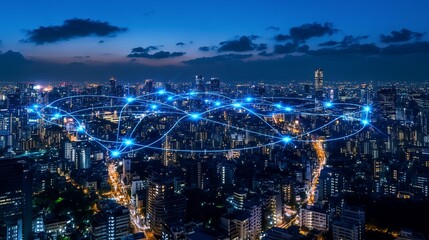 Fototapeta premium Night city network, aerial view, connected urban landscape, futuristic communication