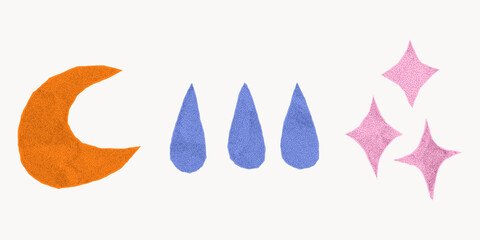 Sticker pack of groovy paper elements with jagged edges and crumpled surface. Retro cutout shapes like stars, drops and moon for collages and scrapbooking.