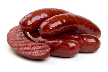 Barbecued pork sausages, isolated on white background.