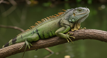 Green iguana resting on tree branch with spiny crest and scaly skin visible. Tropical reptile for wildlife conservation and exotic species protection awareness campaigns