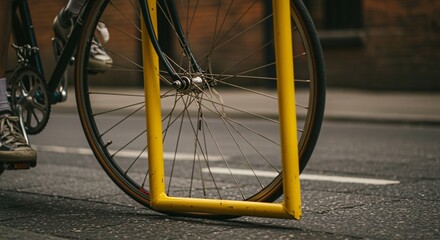 Urban Bicycle Parked with Yellow Street Barrier