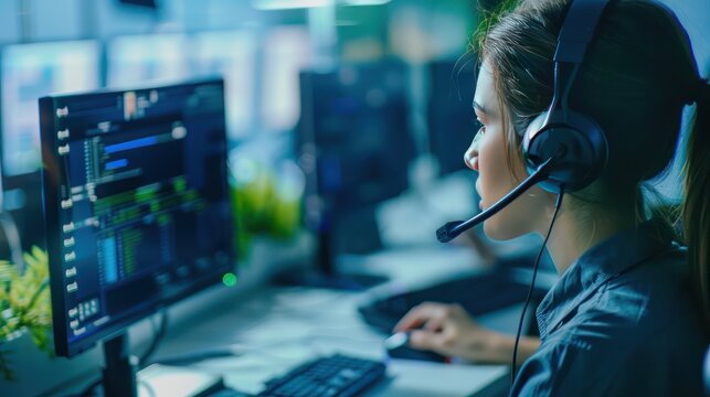 Call center operator at console monitoring communication channels. Minimalist