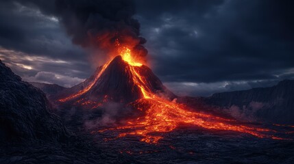 Spectacular eruption of an ominous volcano against a dark sky landscape