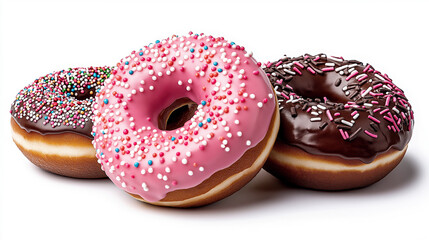 Three colorful donuts on a white background