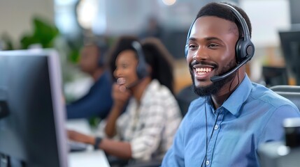 Smiling call center representative talking to customer on headset. Minimalist