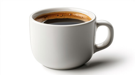 A close-up view of a white cup filled with a rich, foamy coffee