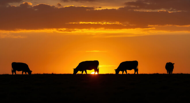 Silhouette of cows grazing on pasture against orange sunset sky. Livestock farming for dairy production and sustainable agriculture concept