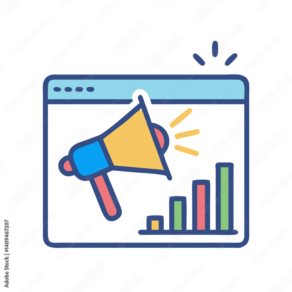 Poster analytics icon with megaphone – data marketing and promotion symbol