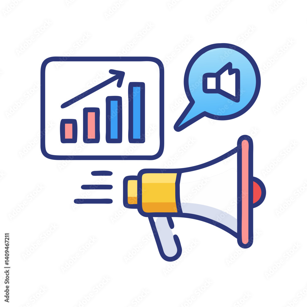Poster analytics icon with megaphone – data marketing and promotion symbol