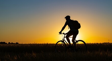 Obraz premium Silhouette of cyclist enjoying sunset ride through a field.