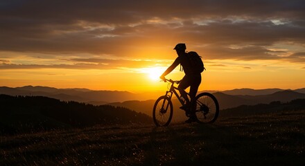Fototapeta premium Silhouette of mountain biker at sunrise over hills