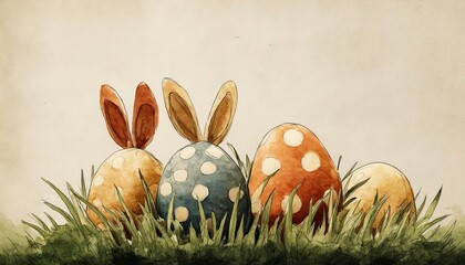 Colorful Easter eggs with bunny ears nestled in soft green grass.