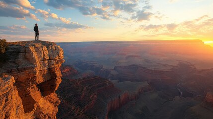 A solitary adventurer stands at the edge of a breathtaking canyon during a stunning sunset