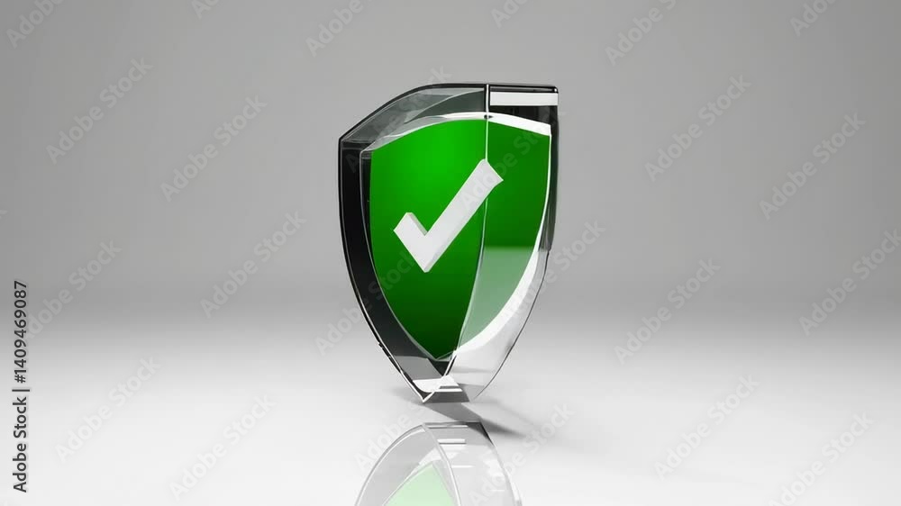 Aufkleber Green shield rotating and revealing symbolic check mark, representing digital security, successful verification, and protected network authentication against cybersecurity threats