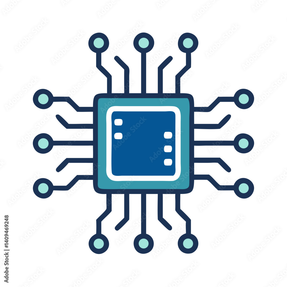 Poster chip circuit board icon representing integrated technology and system connectivity