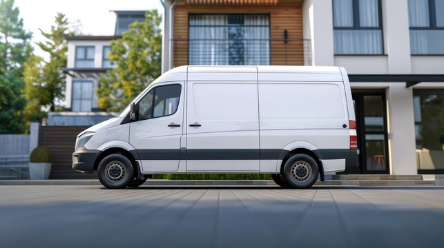 Delivery logistic van parked in front of residential house for package delivery. minimalist.