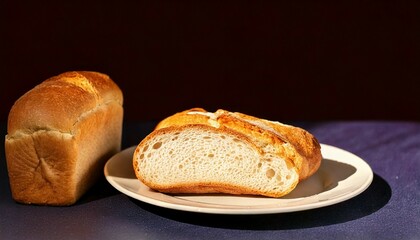 single french loaf bread full and slice at plate at side background and another side blank
