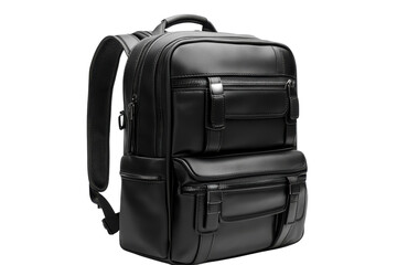 Sleek black leather backpack perfect for professional travel stylish on transparent background