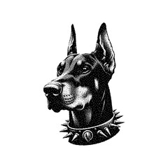Detailed illustration of a Doberman's head with a spiked collar in a vintage style