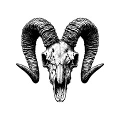 Detailed illustration of a ram skull with prominent curved horns