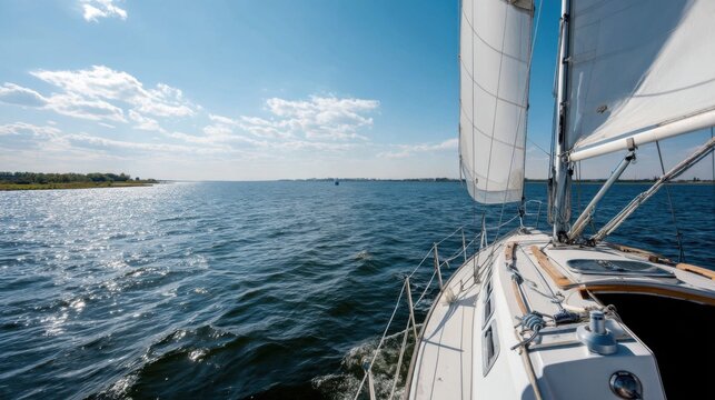 View of sailboat on water with sails up under a blue sky on a sunny day sailing on the open water - Powered by Adobe