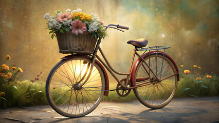Fototapeta premium Charming Bicycle With Flower Basket On Sunlit Street Evokes A Whimsical Spring Day