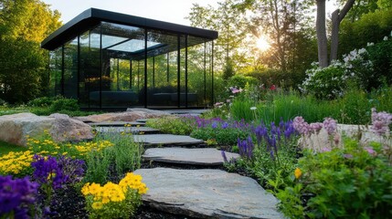Obraz premium Serene garden design featuring a modern glass garden room reached by a rustic stone path through blooms