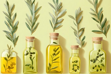 Olive Oil Bottles with Branches Still Life