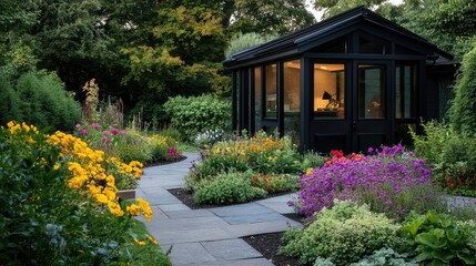 Obraz premium Stylish garden office sits at the end of a stone path among colorful perennials and trimmed hedges