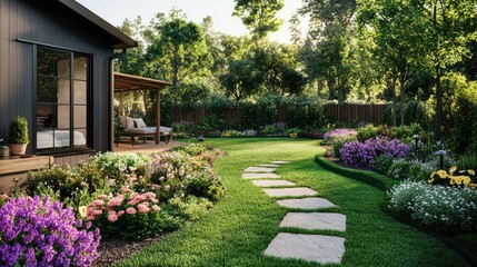 Obraz premium Tranquil backyard garden with flower borders, clean lawn, and a charming stone trail to a small garden studio