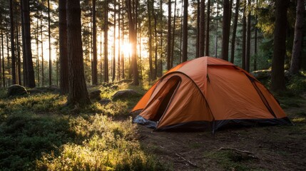 An orange tent sits nestled among tall trees as the sun sets in the background of the forest scene