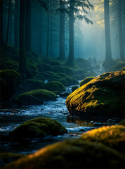 Forest stream and rock landscape covered with moss