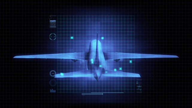 A holographic style aviation themed tech HUD screen with digital overlay and grid detail.