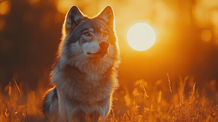 Majestic wolf sunset meadow wildlife portrait