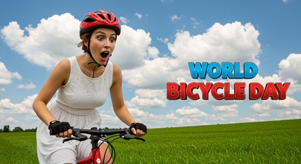 Excited Woman Cycling on World Bicycle Day